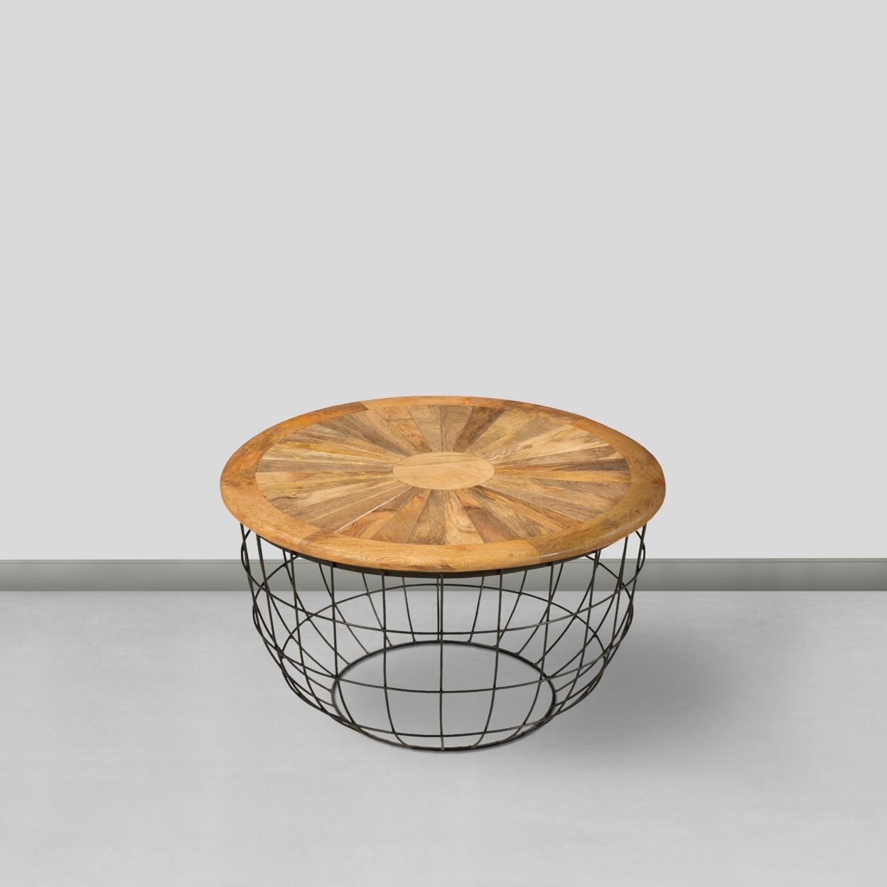 Round Mango Wood Coffee Table With Wooden Top And Nesting Basket Frame, Brown And Black- Saltoro Sherpi
