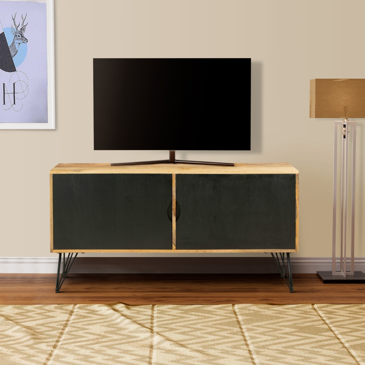 TV Entertainment Unit With 2 Doors And Wooden Frame, Oak Brown And Black- Saltoro Sherpi