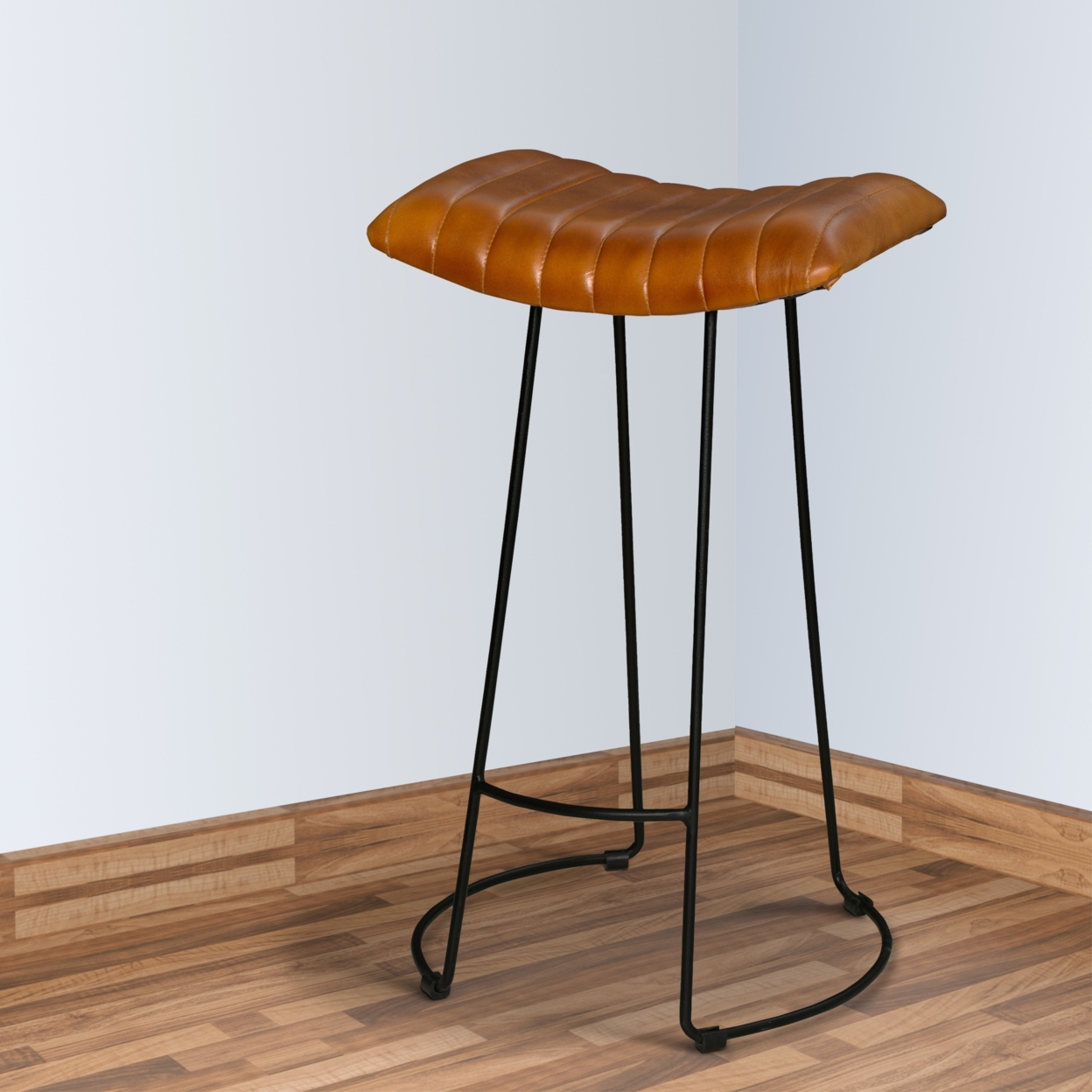 30 Inch Barstool With Curved Genuine Leather Seat And Tubular Frame, Tan Brown And Black- Saltoro Sherpi