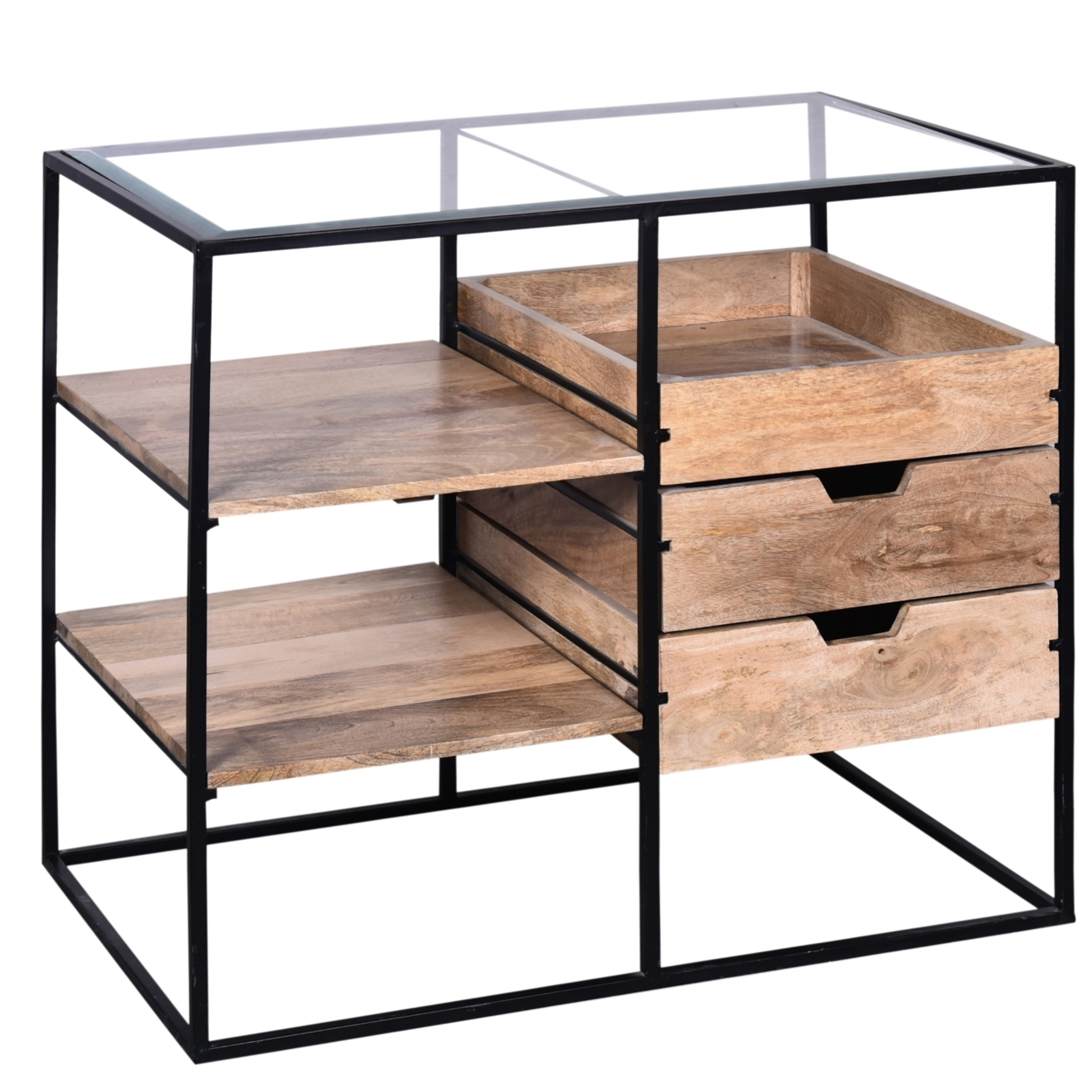 35 Inch Handcrafted Modern Glass Table, Storage Shelves, 3 Drawers, Metal Frame, Natural Brown And Black- Saltoro Sherpi