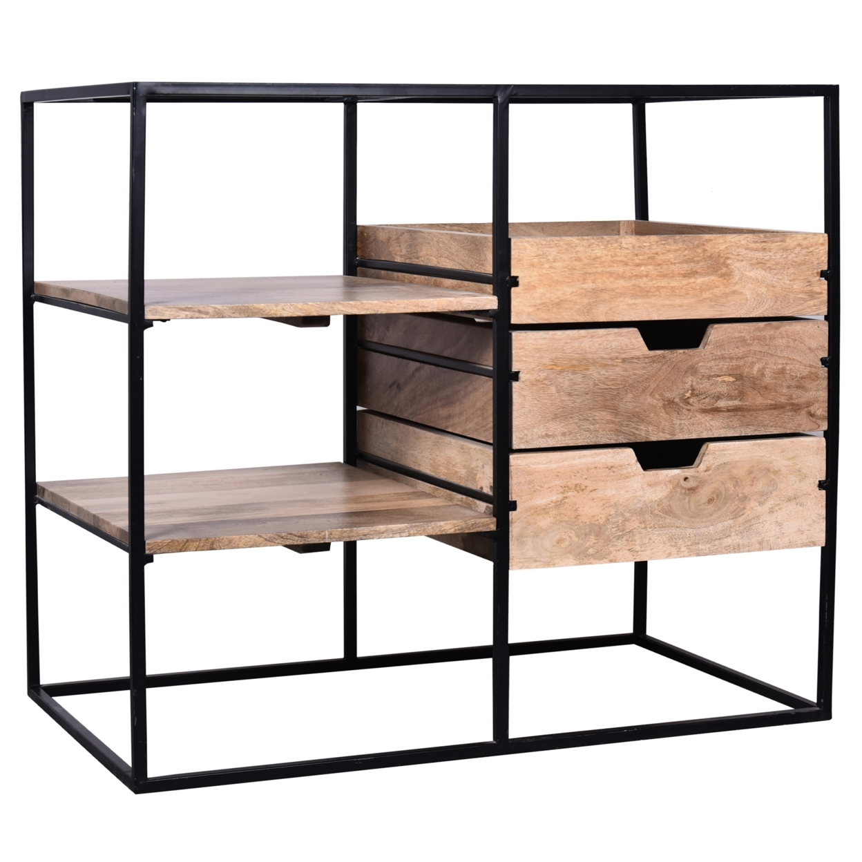 35 Inch Handcrafted Modern Glass Table, Storage Shelves, 3 Drawers, Metal Frame, Natural Brown And Black- Saltoro Sherpi