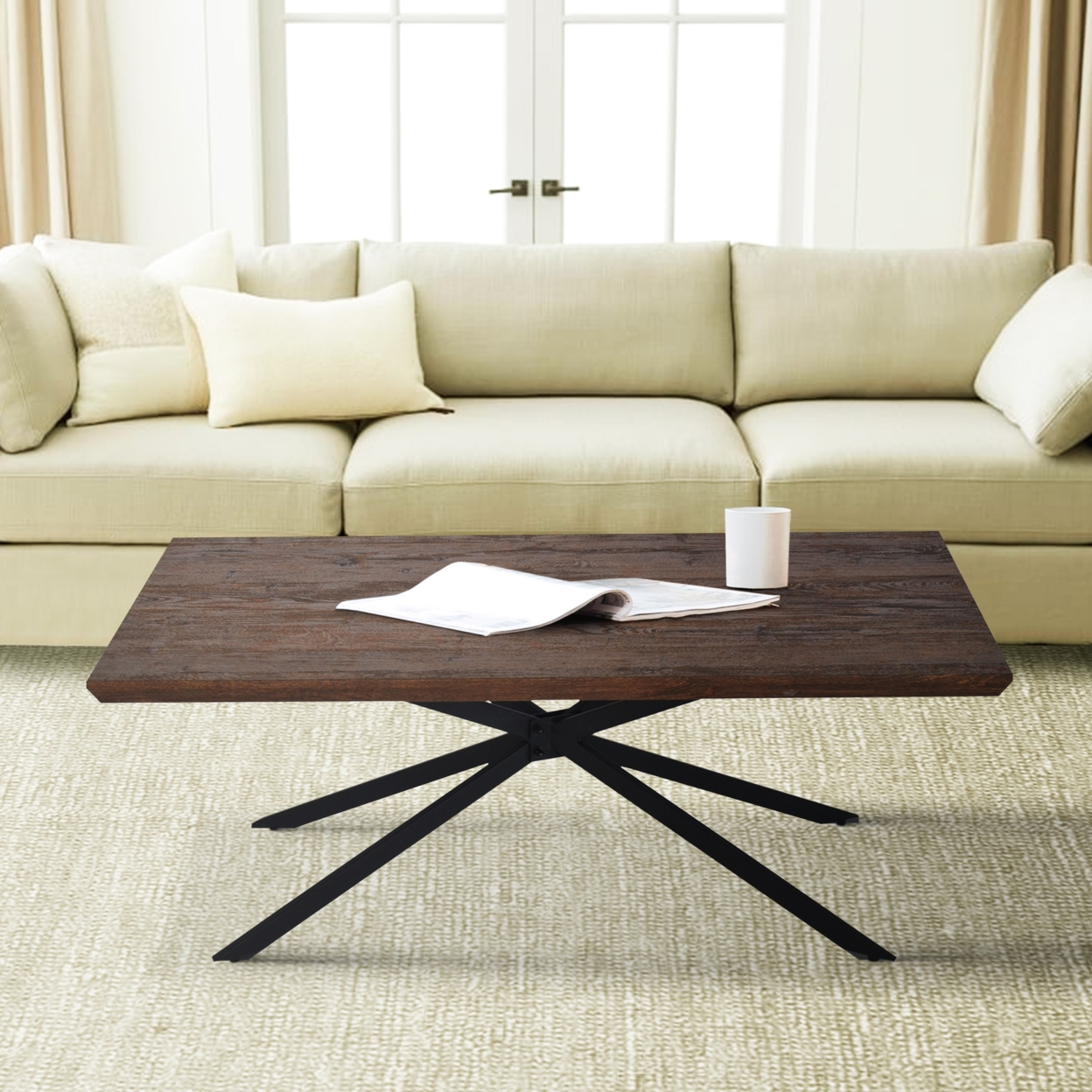Rectangular Wooden Coffee Table With Boomerang Legs, Natural Brown Sonoma And Black- Saltoro Sherpi
