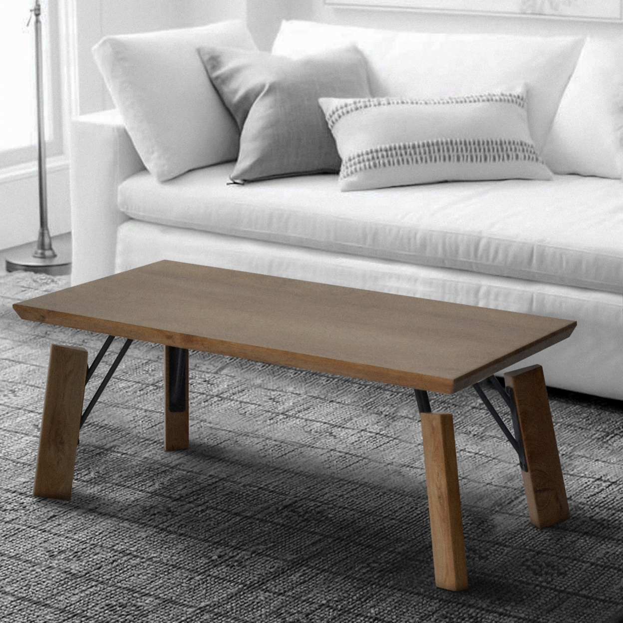 Rectangular Wooden Coffee Table With Block Legs, Natural Brown- Saltoro Sherpi