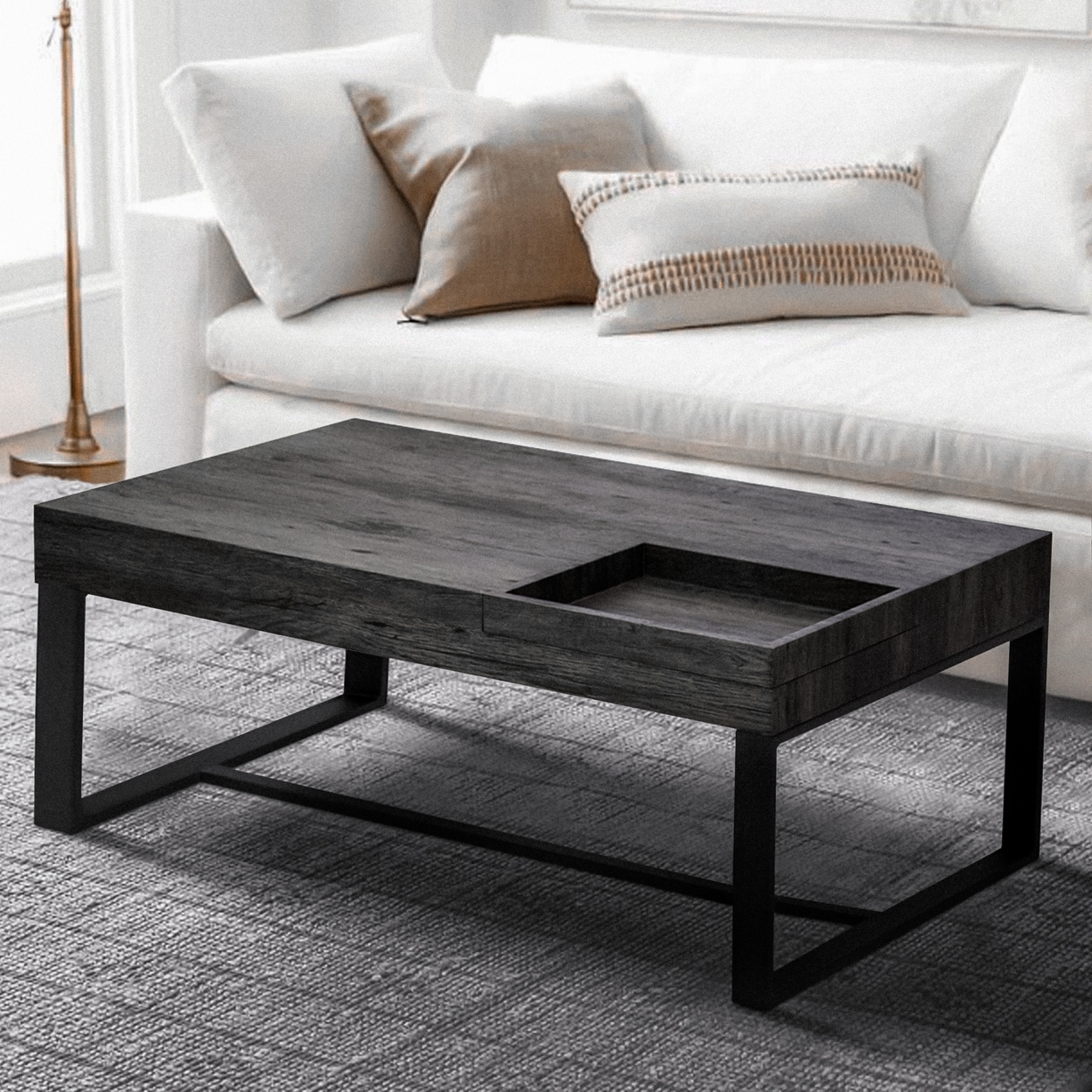 Rectangular Wooden Coffee Table With Hidden Storage And Metal Sled Base, Gray And Black- Saltoro Sherpi
