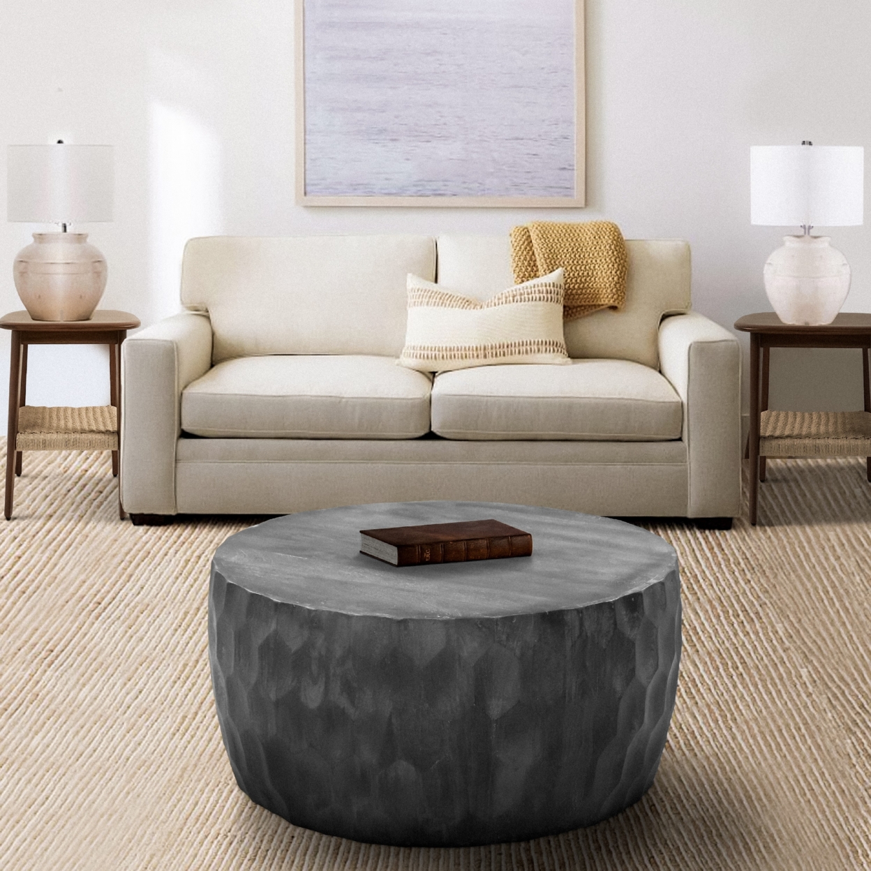 Val 34 Inch Handcrafted Mango Wood Coffee Table, Hammered Round Drum Shape, Honeycomb, Rustic Gray- Saltoro Sherpi