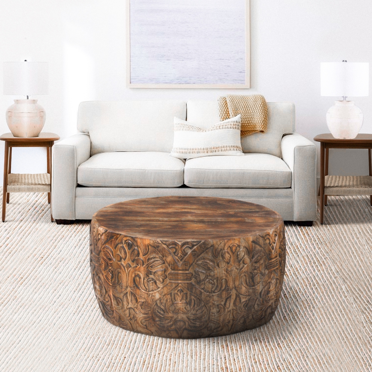 Rea 34 Inch Handcrafted Mango Wood Coffee Table, Round Drum Shape, Carved Damask Pattern, Walnut Brown- Saltoro Sherpi