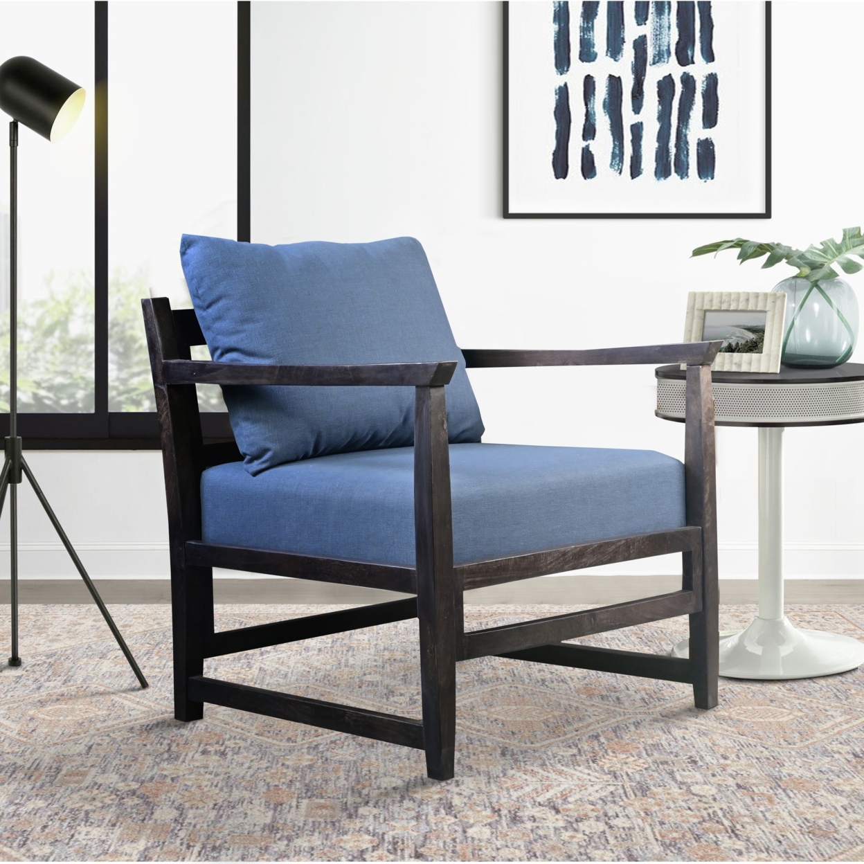 Malibu 27 Inch Handcrafted Mango Wood Accent Chair, Fabric, Pillow Back, Open Frame, Blue, Black- Saltoro Sherpi