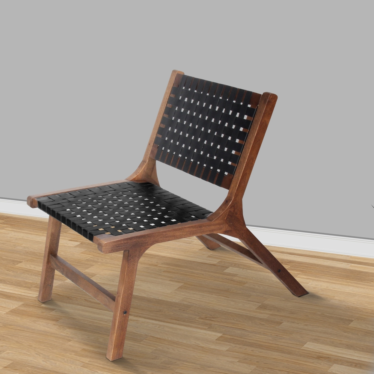 36 Inch Mango Wood Accent Chair, Woven Genuine Leather Seat, Walnut Brown, Black- Saltoro Sherpi