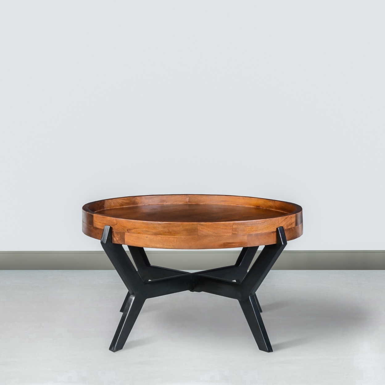 30 Inch Industrial Round Acacia Wood Tray Coffee Table With Flared Metal Legs, Brown And Black- Saltoro Sherpi