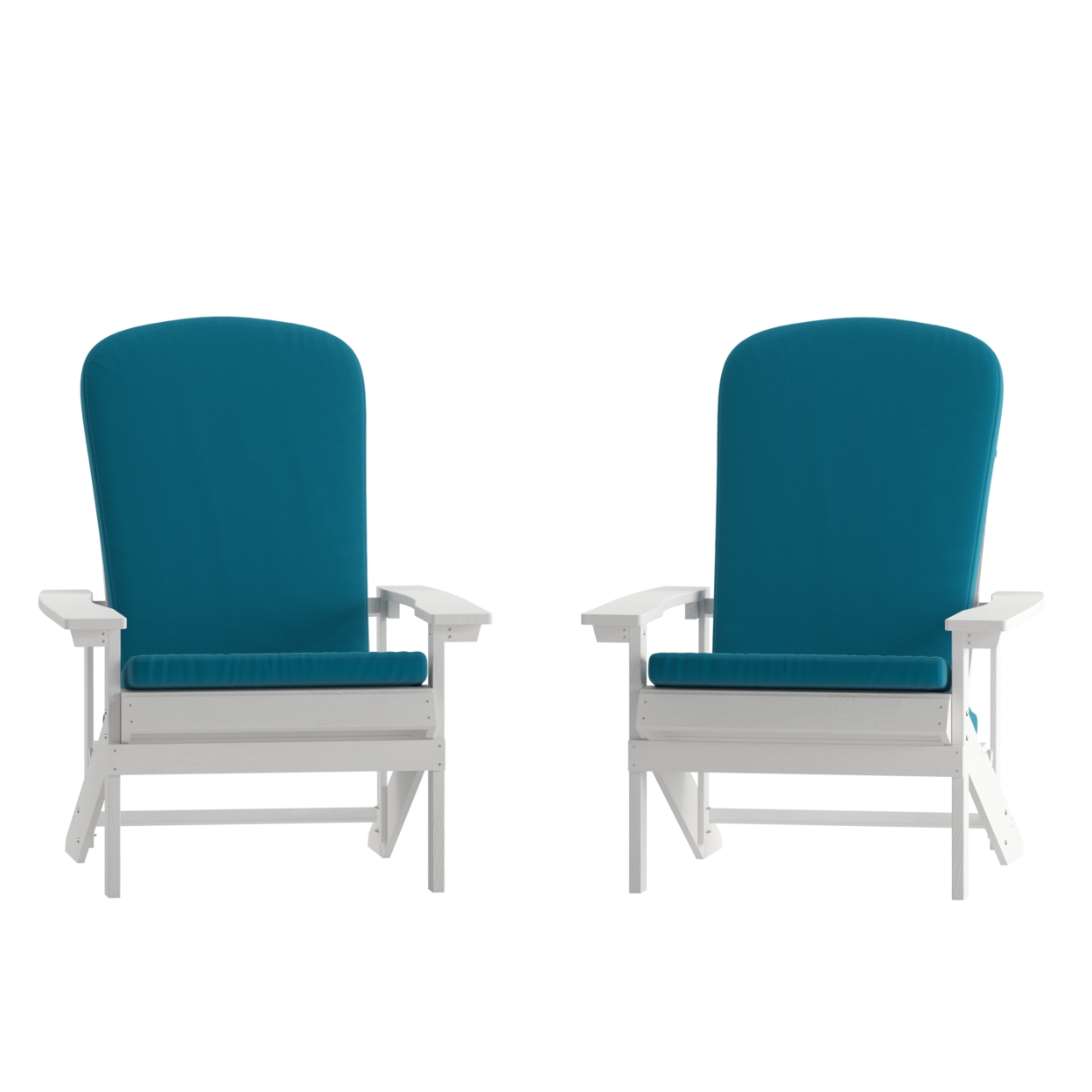 2 Piece Adirondack Chairs, White Polyresin, All Weather Teal Blue Cushions