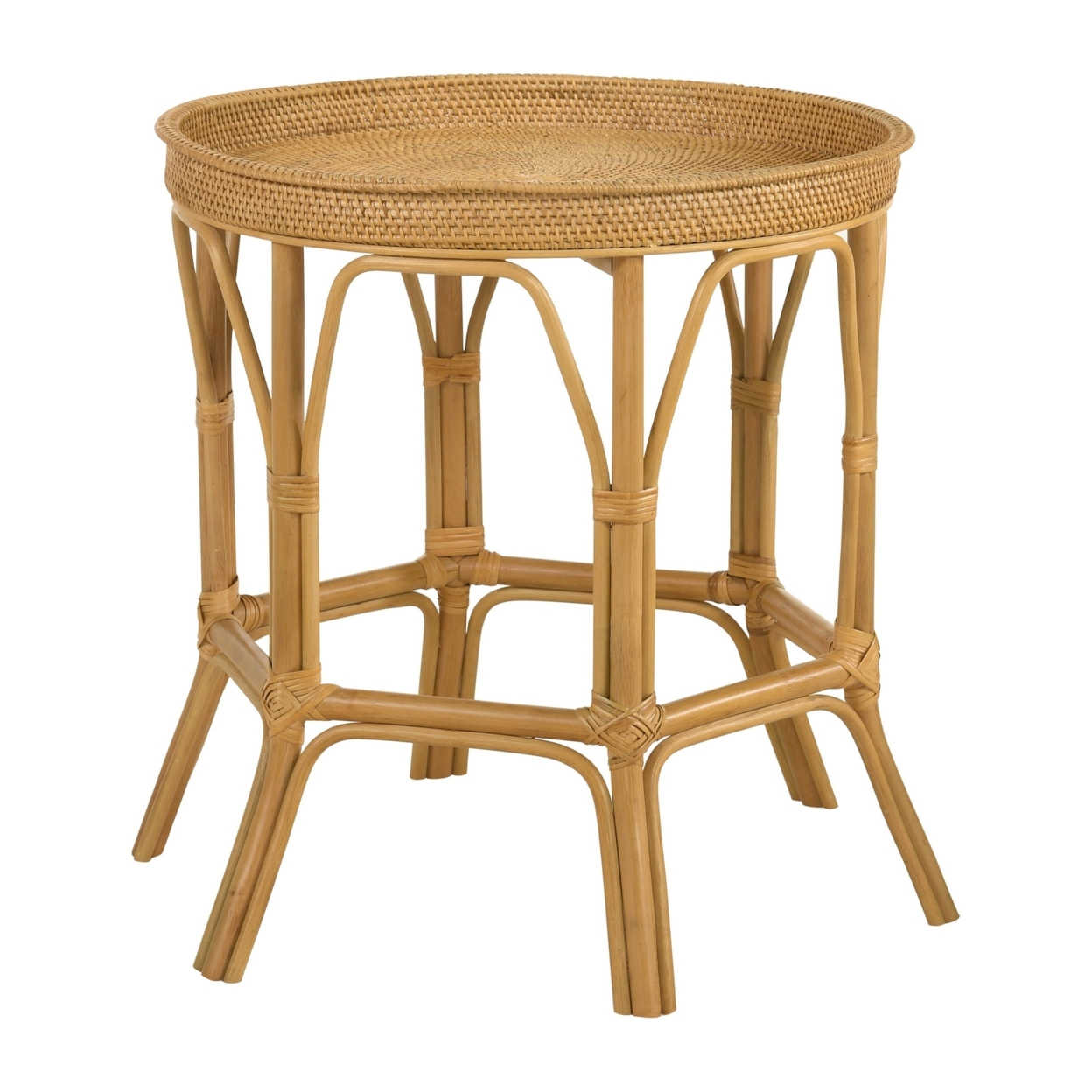 Raya 26 Inch Accent Table, Round Woven Rattan Tray Top, Natural Brown Color- Saltoro Sherpi