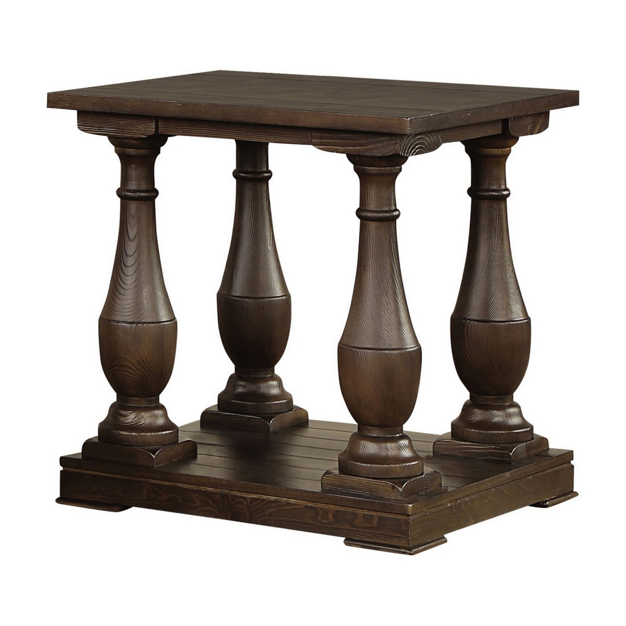 Aria 25 Inch Side Table, Rectangular Plank Top, Turned Column Base, Brown