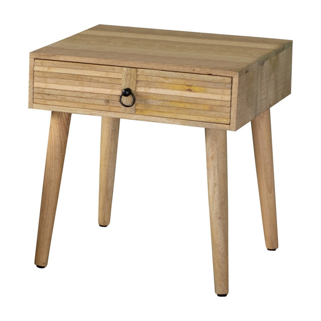 24 Inch Square End Table, Natural Brown Mango Wood, Ribbed Plank Design