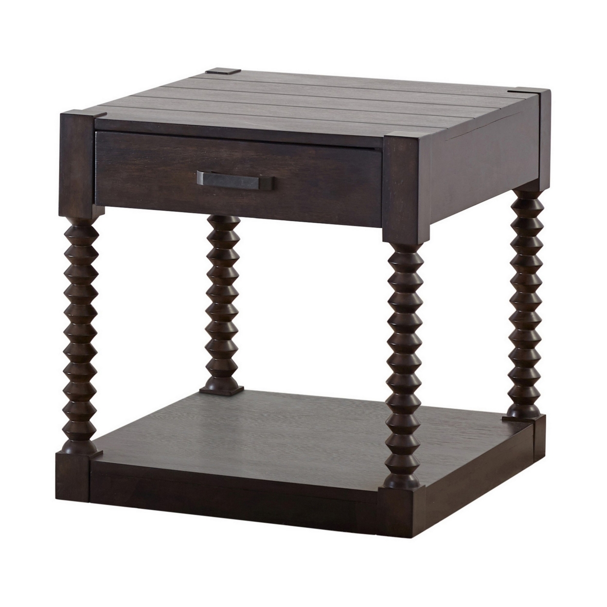 26 Inch Square Side End Table, 1 Drawer, Spindle Posts, Rich Coffee Brown