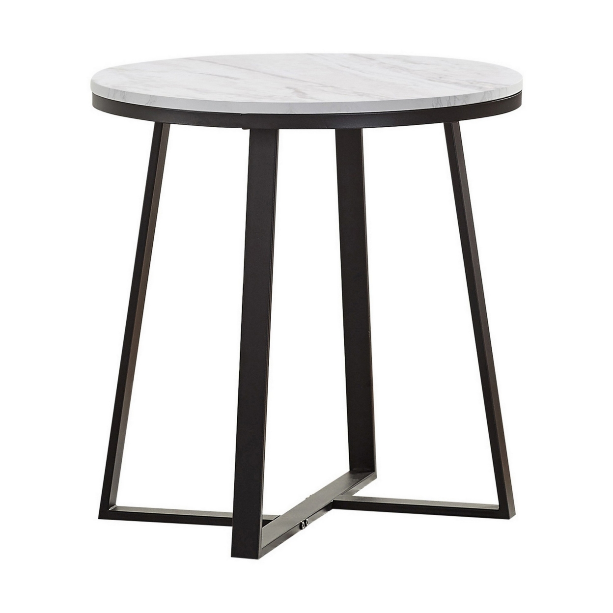 24 Inch End Table, White Faux Marble Round Top, Artisanal Metal Framework