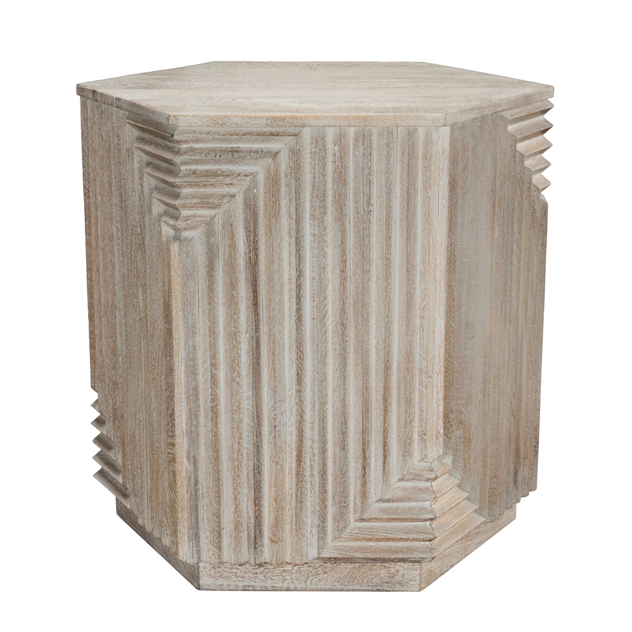 Beck 25 Inch Octagonal Side Table, Classic Embossed Design, Distressed Gray- Saltoro Sherpi