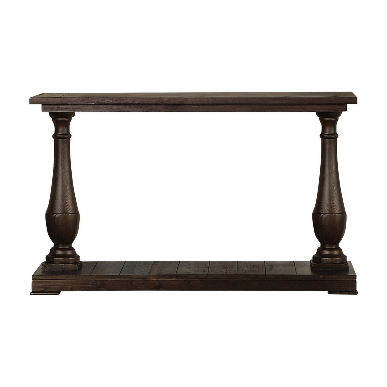 Aria 48 Inch Console Sofa Table, Plank Top, Turned Pedestal Base, Brown