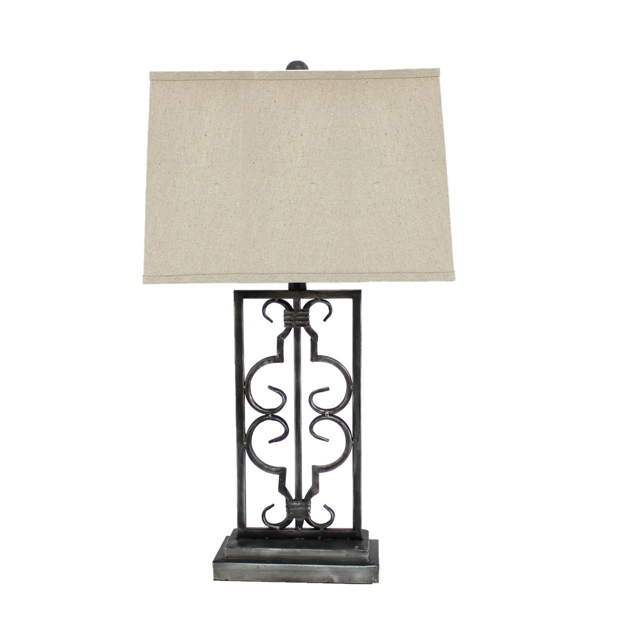 29 Inch Industrial Table Lamp, Linen Shade, Stacked Pedestal Base, Black- Saltoro Sherpi