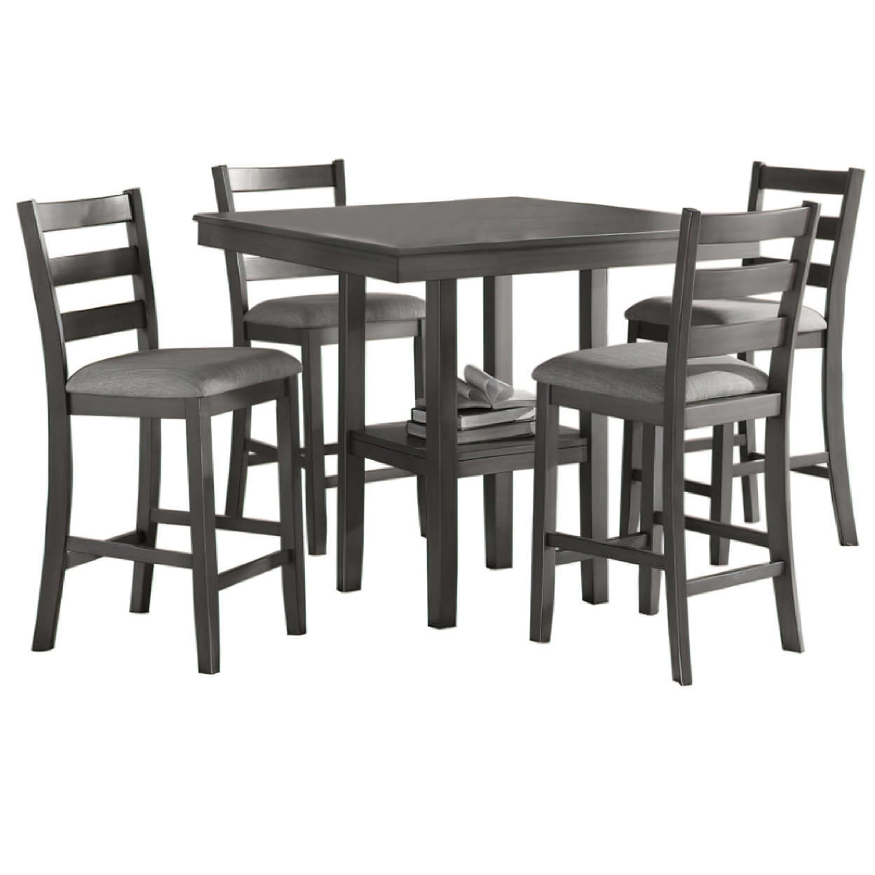 5 Piece Counter Height Dining Set, Table And 4 Chairs, Padded Seats, Gray- Saltoro Sherpi