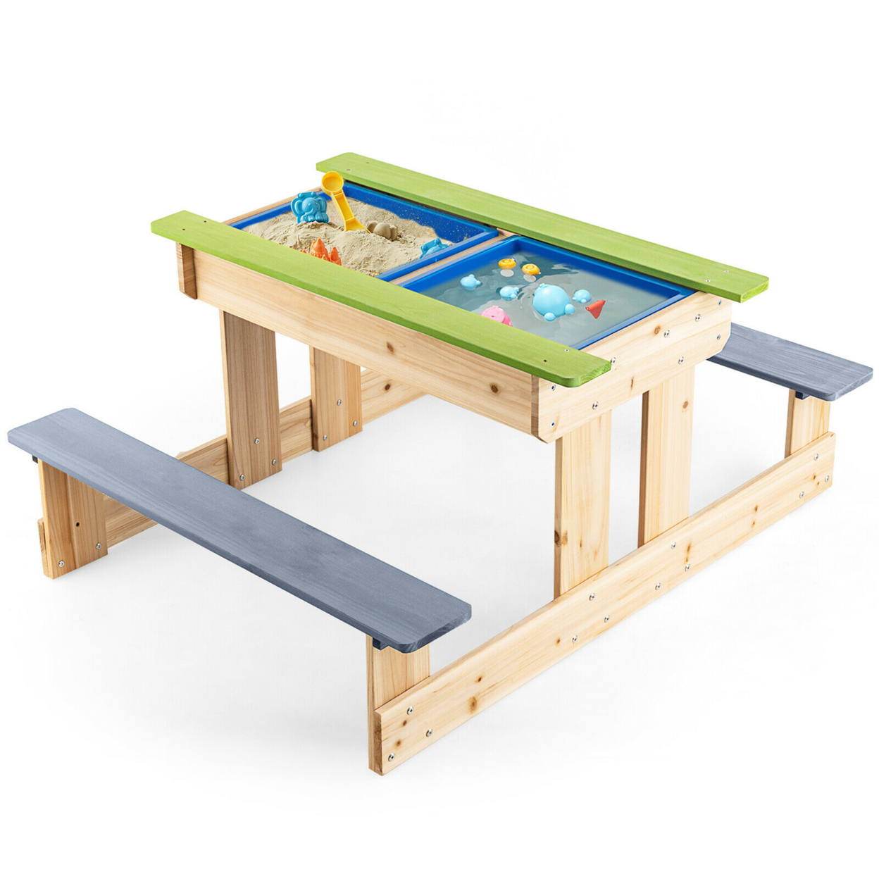 3-in-1 Kids Picnic Table Outdoor Wooden Water Sand Table W/ Play Boxes
