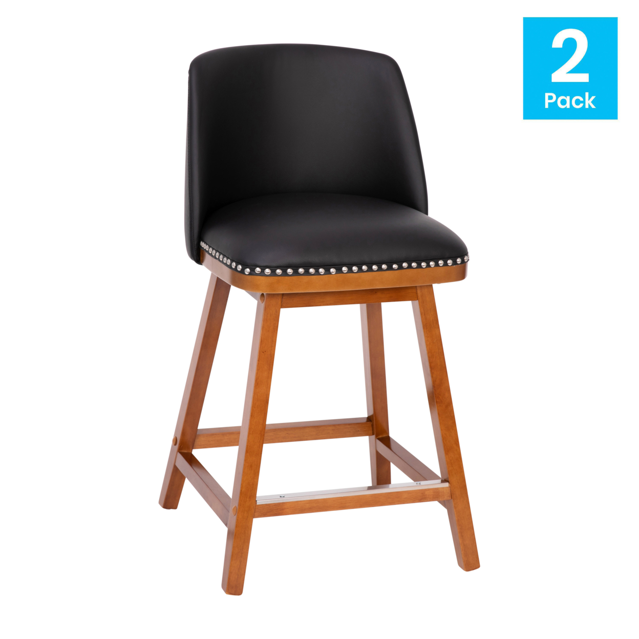 2 Piece 24 Inch Leather Stools, Curved Back, Seat, Nailhead Trims, Black