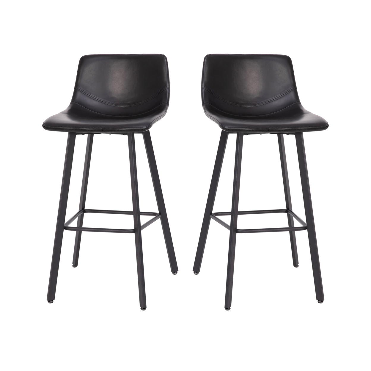 2 Piece 30 Inch Stool, Black Leather, Metal Angled Legs