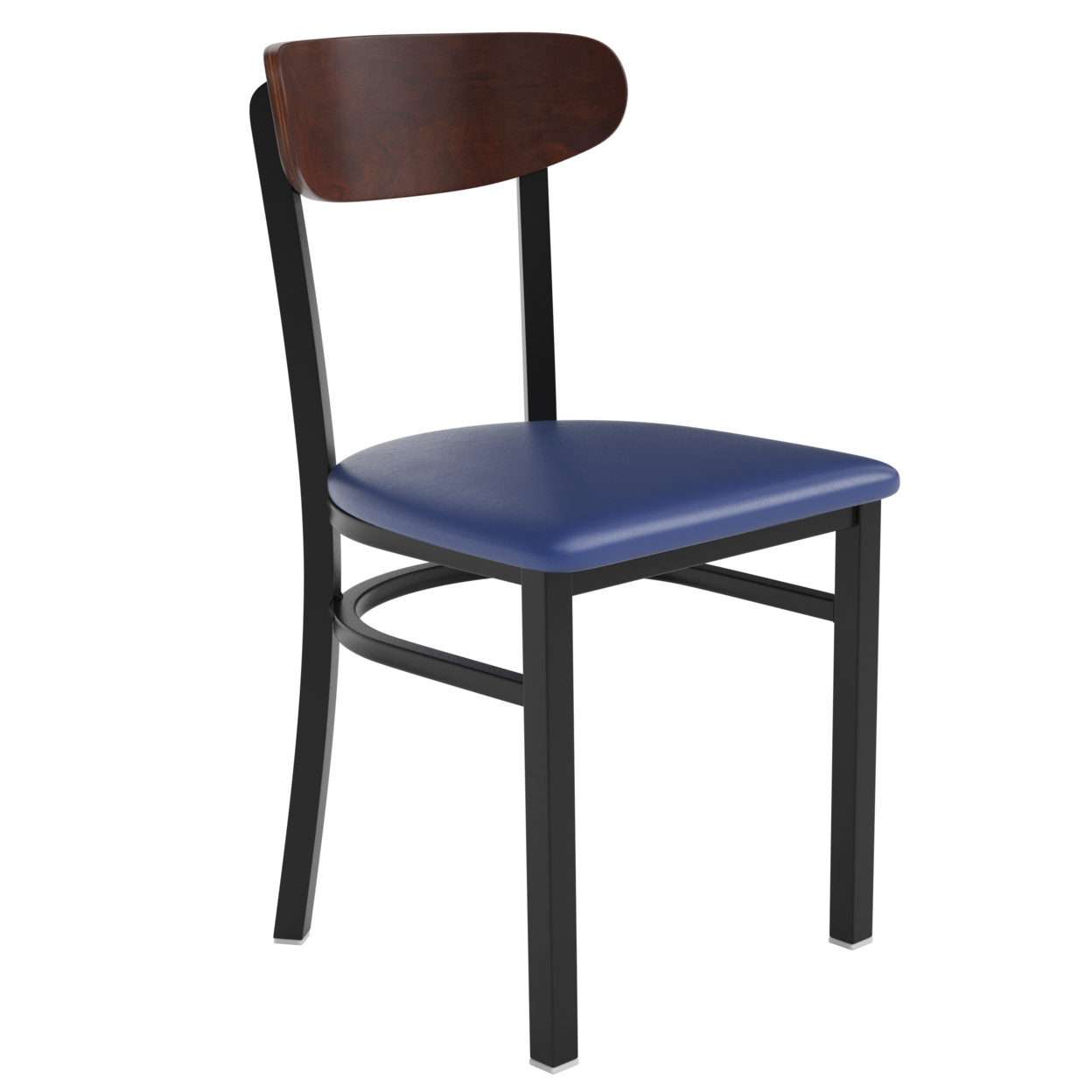Dining Chair, Brown Wood Boomerang Back, Black Steel Frame, Blue Vinyl Seat