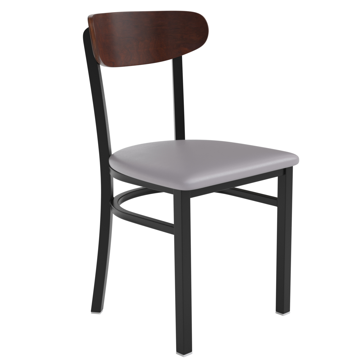 Dining Chair With Walnut Wood Boomerang Back, Black Steel, Gray Vinyl Seat