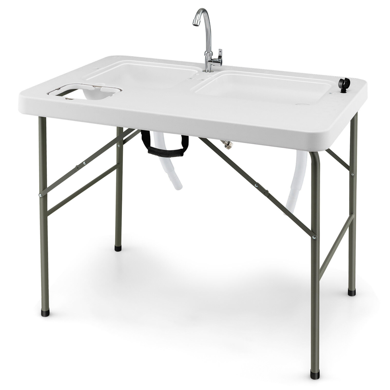 Folding Fish Cleaning Table W/ 2 Built-in Sinks & 360Â° Rotatable Faucet