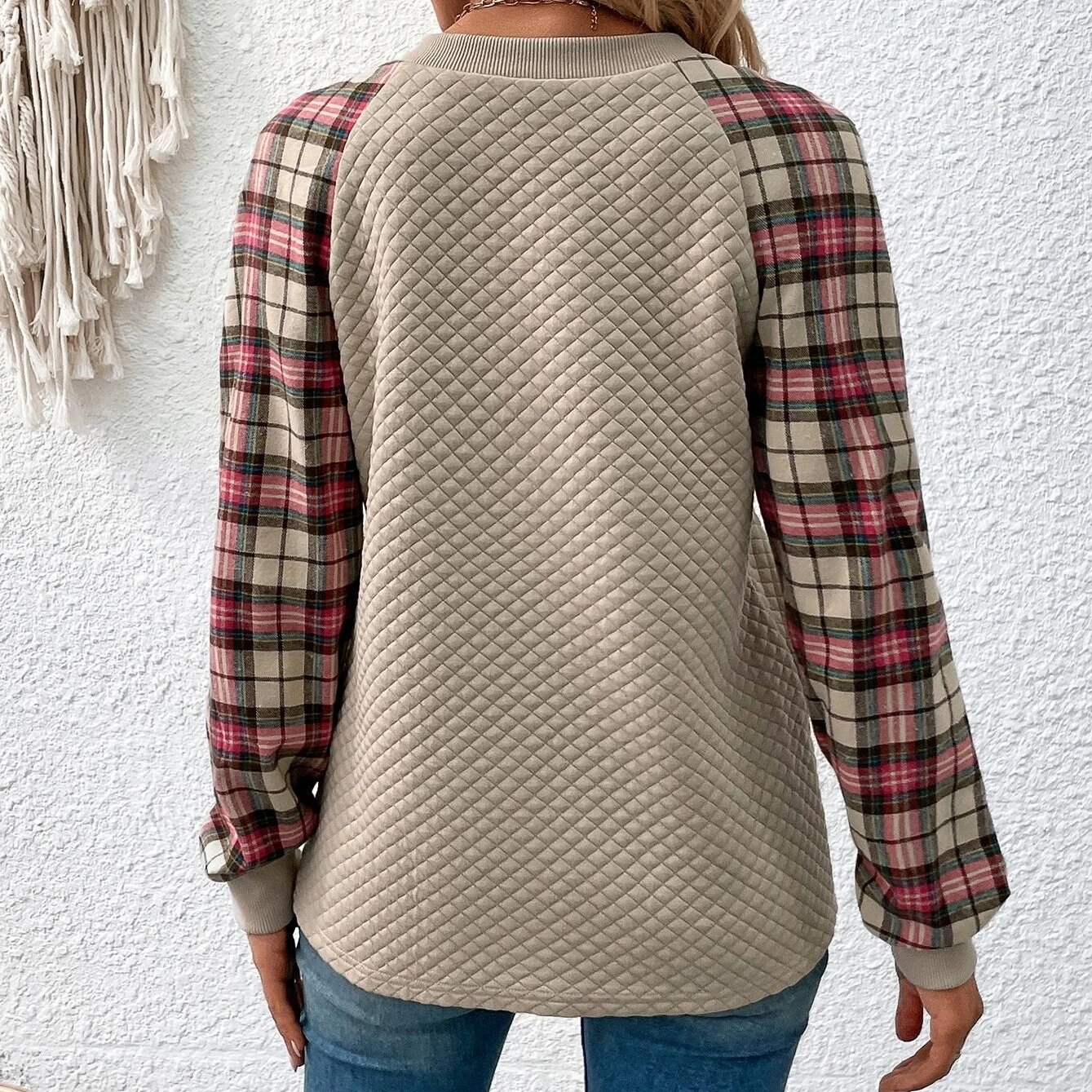 Plaid Raglan Sleeve Sweatshirt - Brown, Medium(6)