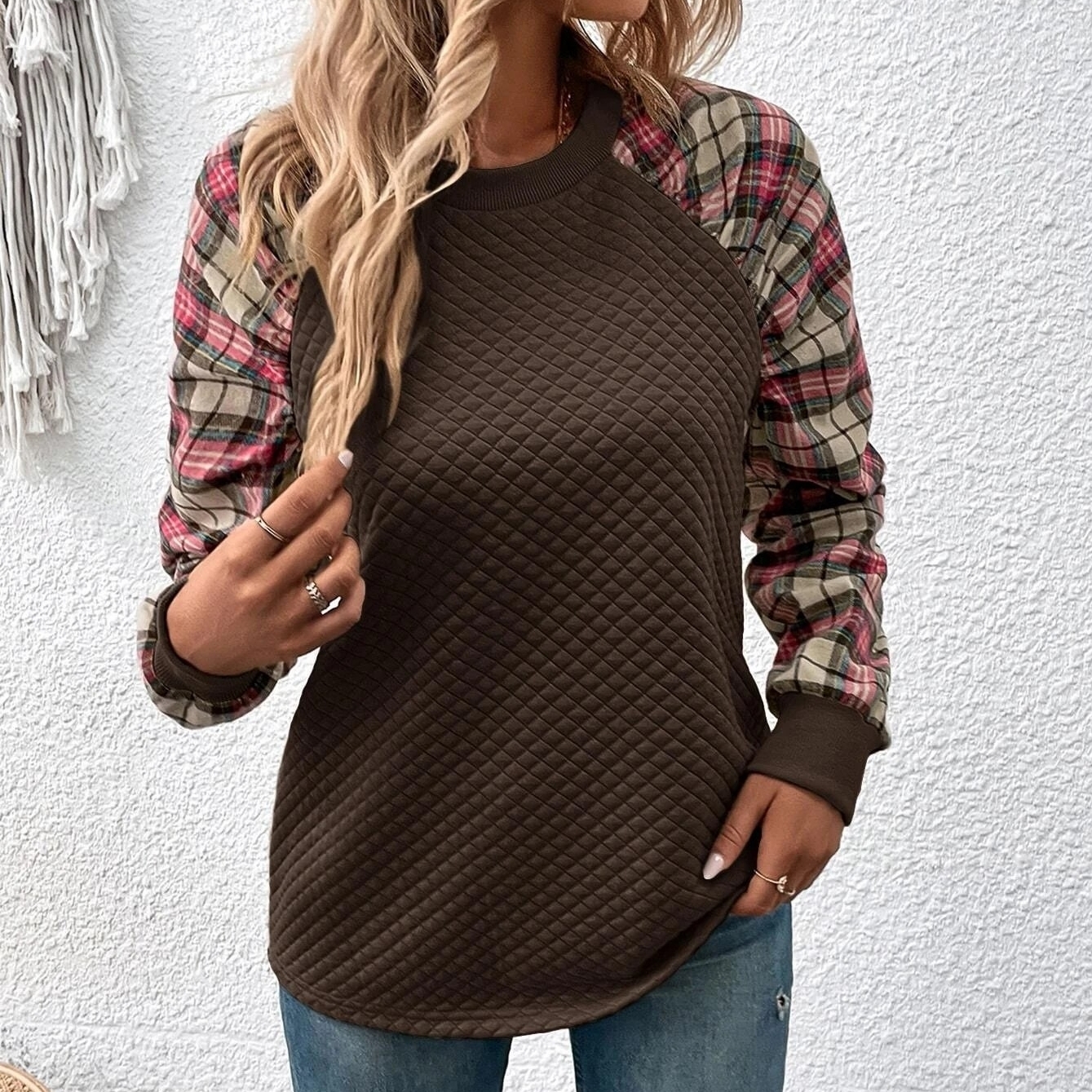 Plaid Raglan Sleeve Sweatshirt - Brown, X-Small(2)