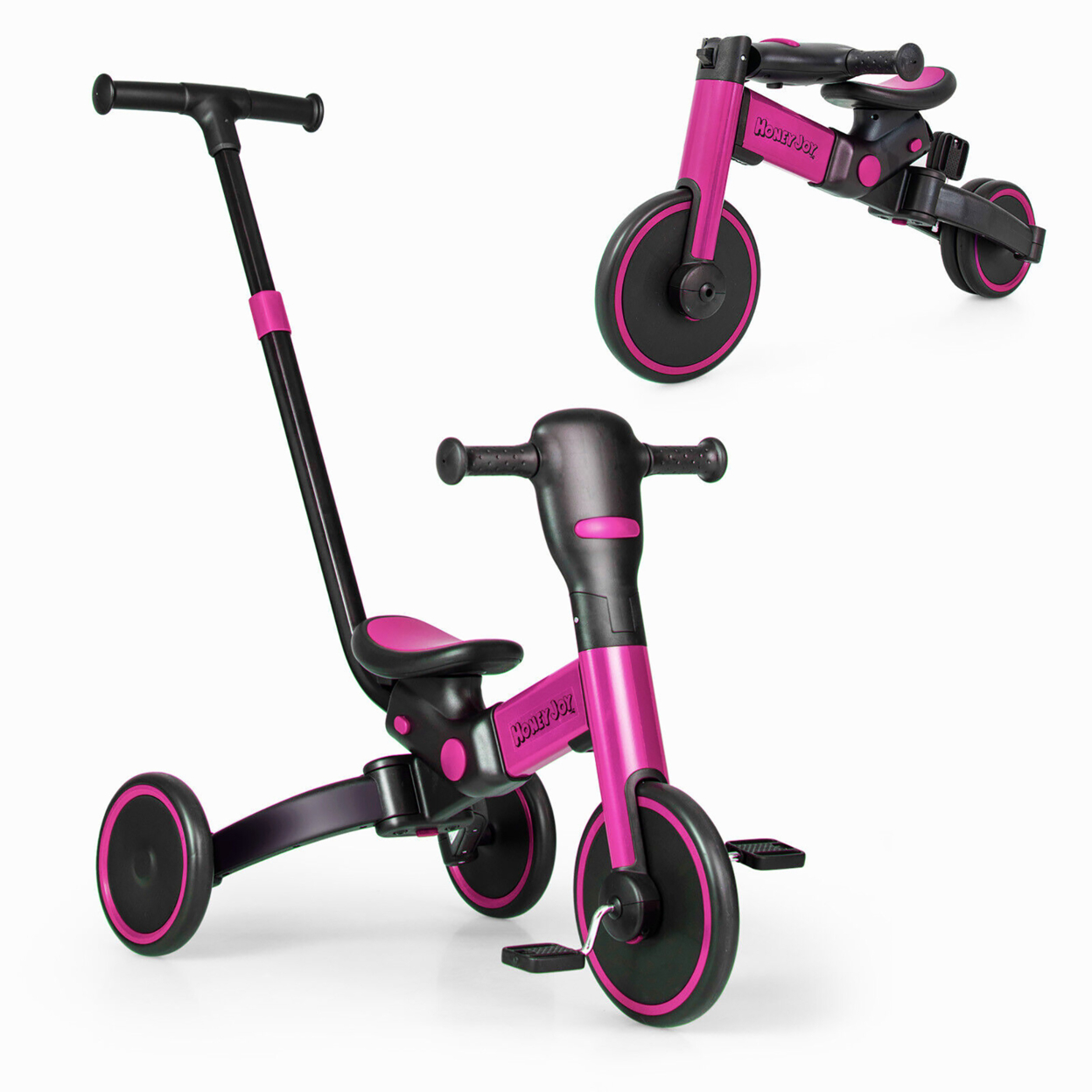 4-in-1 Kids Tricycle Foldable Toddler Balance Bike With Parent Push Handle - Pink