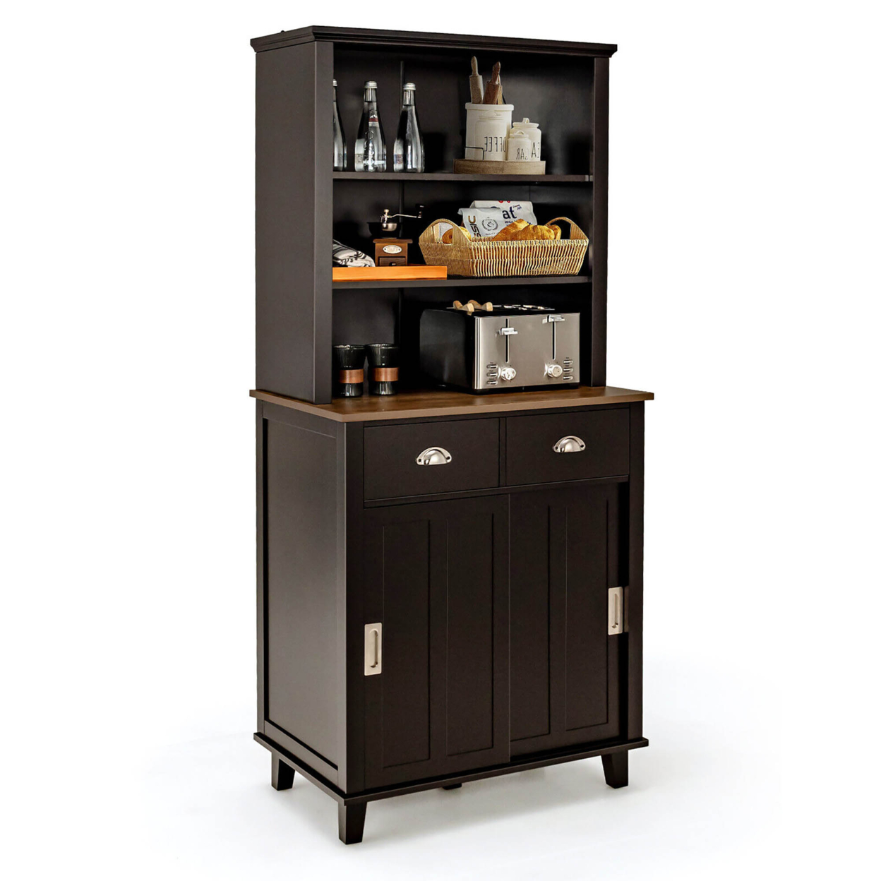 Freestanding Buffet Hutch Kitchen Pantry Storage Cabinet W/ Sliding Doors - Brown
