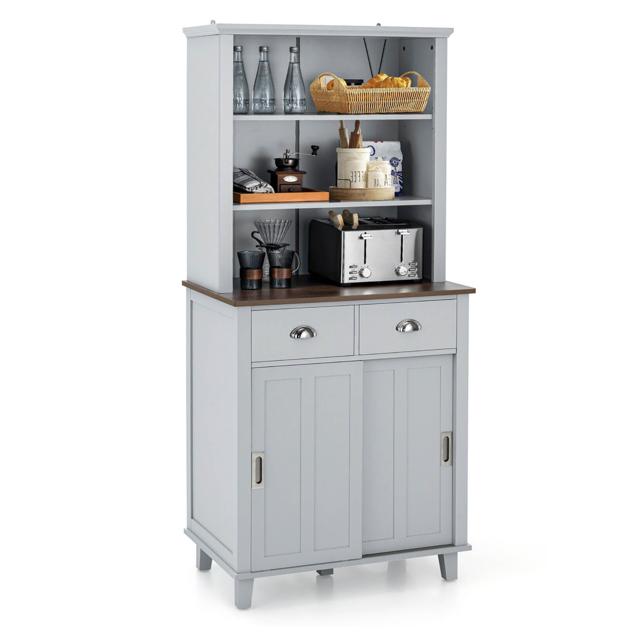 Freestanding Buffet Hutch Kitchen Pantry Storage Cabinet W/ Sliding Doors - Grey