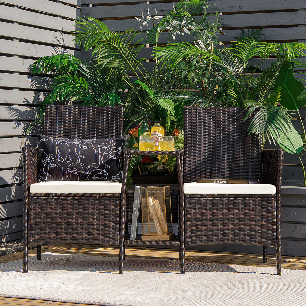 Patio Rattan Conversation Furniture Set W/ Loveseat Glass Coffee Table & Cushions - Off White