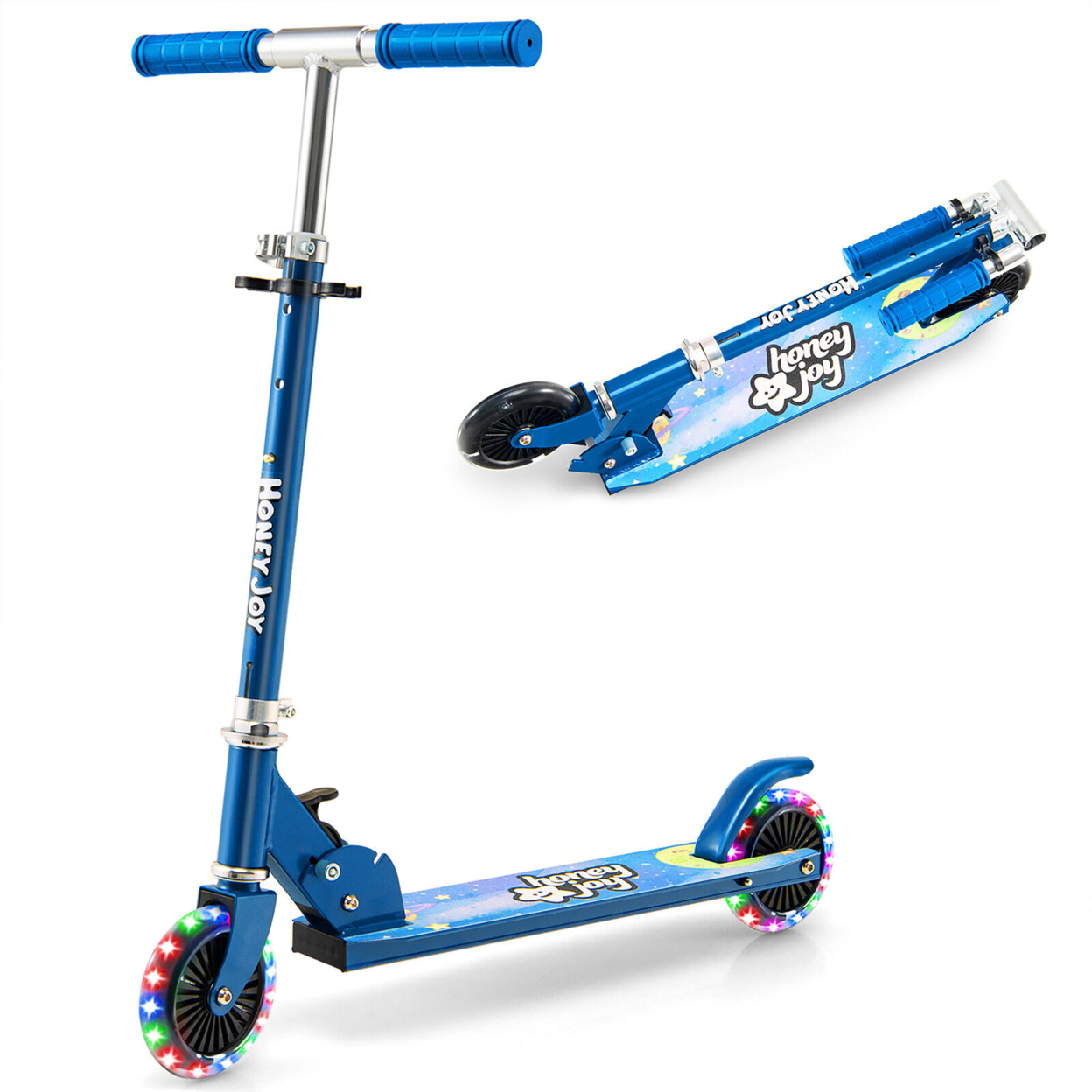 Folding Adjustable Height Kids Toy Kick Scooter Rear Brake 2 Flashing Wheels - Blue