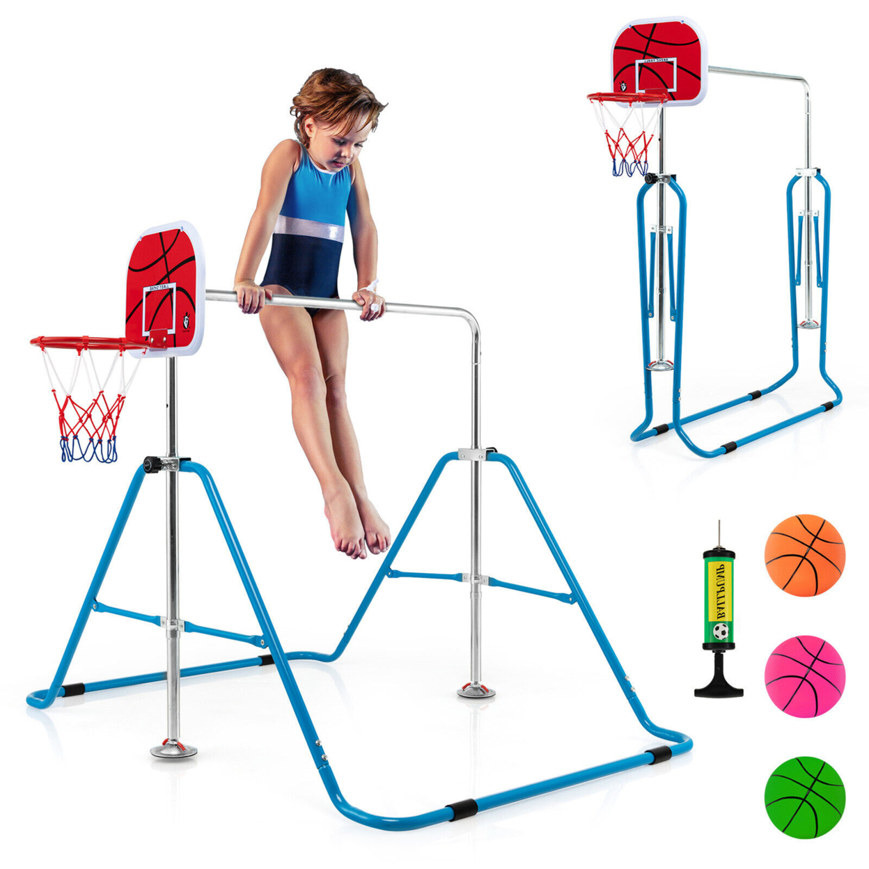Kids Folding Horizontal Bar Adjustable Training Gymnastics Bar W/ Basketball Hoop - Blue