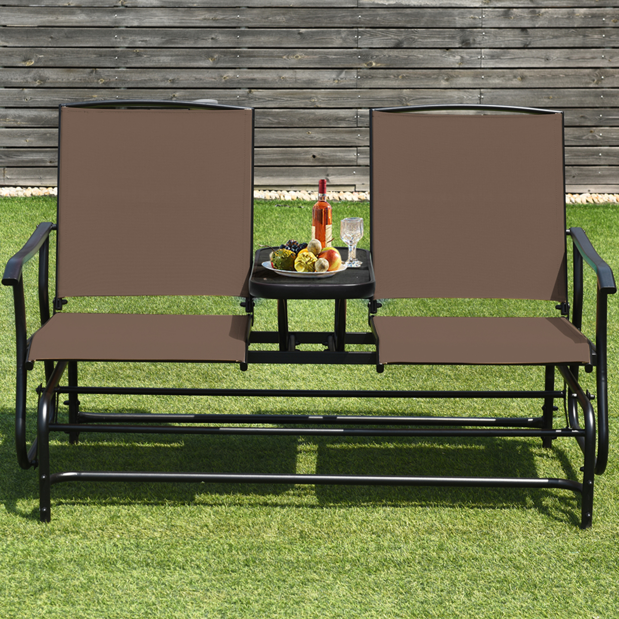Patio 2-Person Glider Rocking Char Loveseat Garden W/ Tempered Glass Table Brown