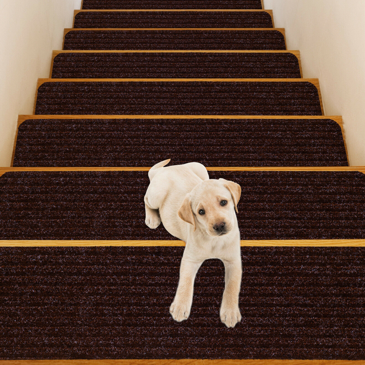 15 PCS Slip-resistant Stair Mats 30'' X 8'' Non-Slip Stair Treads Carpet - Brown