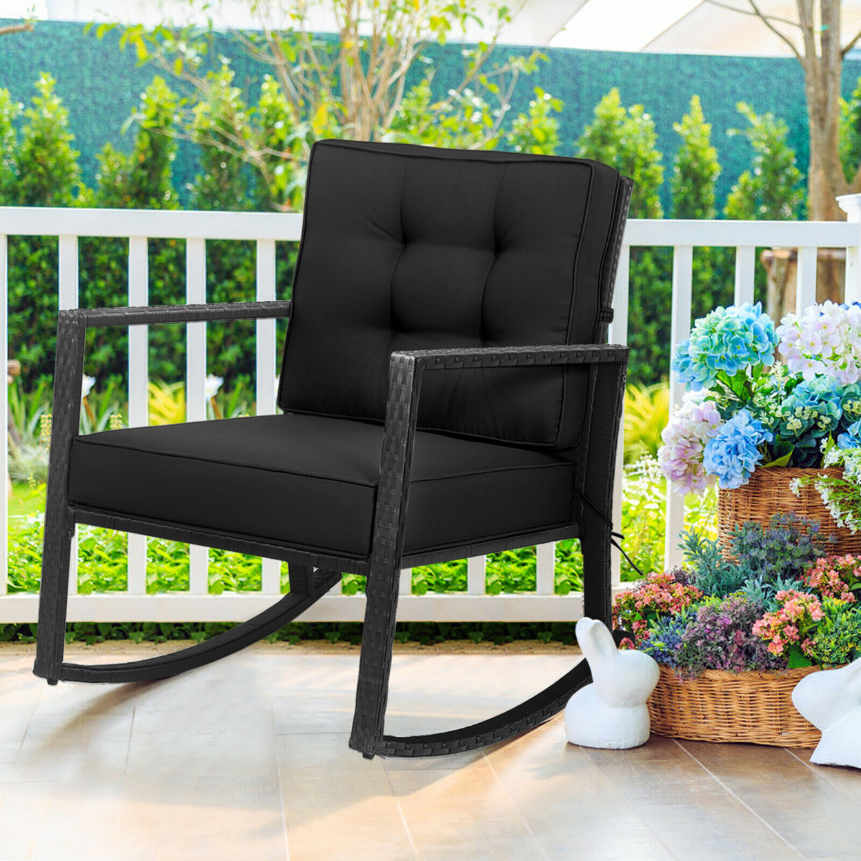 Outdoor Wicker Rocking Chair Patio Lawn Rattan Single Chair Glider W/ Black Cushion