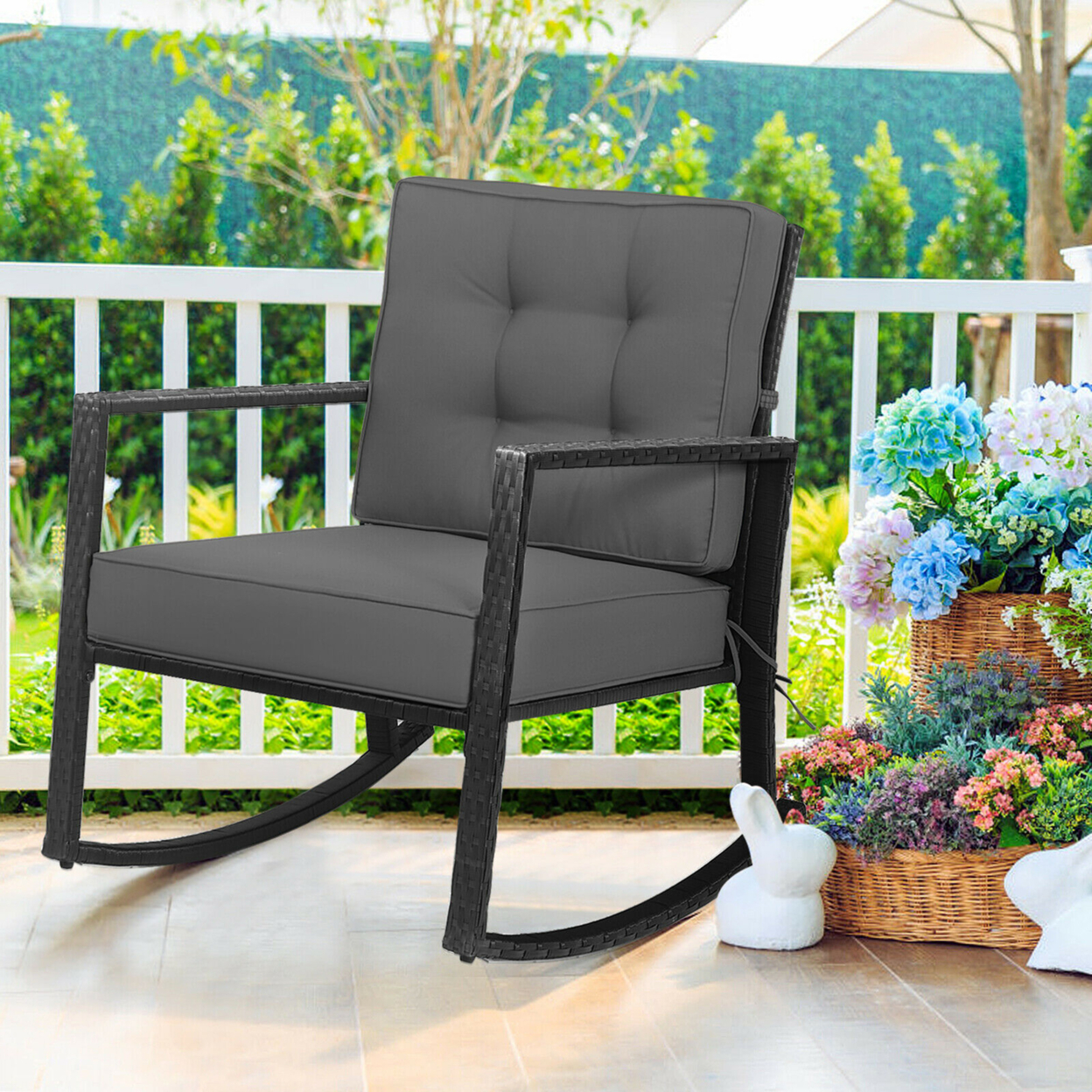 Outdoor Wicker Rocking Chair Patio Lawn Rattan Single Chair Glider W/ Grey Cushion