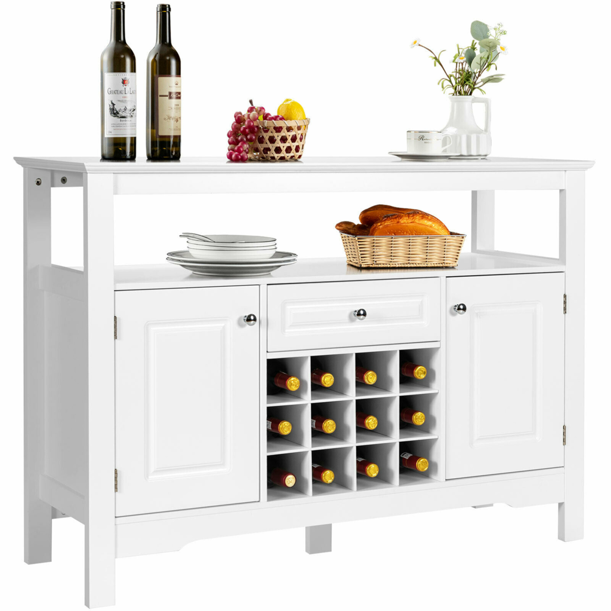 Storage Buffet Sideboard Table Kitchen Sever Cabinet Wine Rack - White