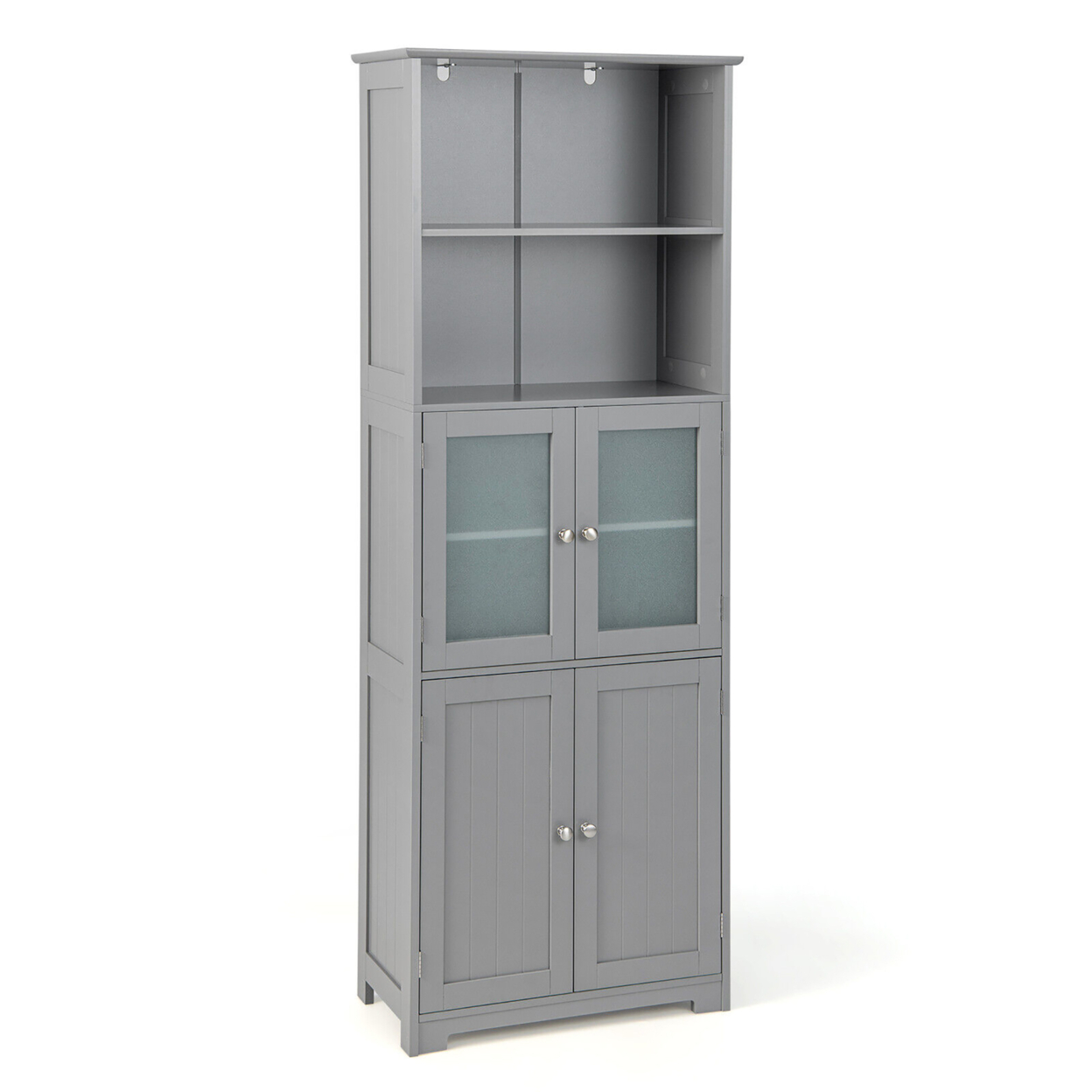 Bathroom Tall Storage Cabinet Linen Tower W/ Glass Door & Adjustable Shelf - Gray