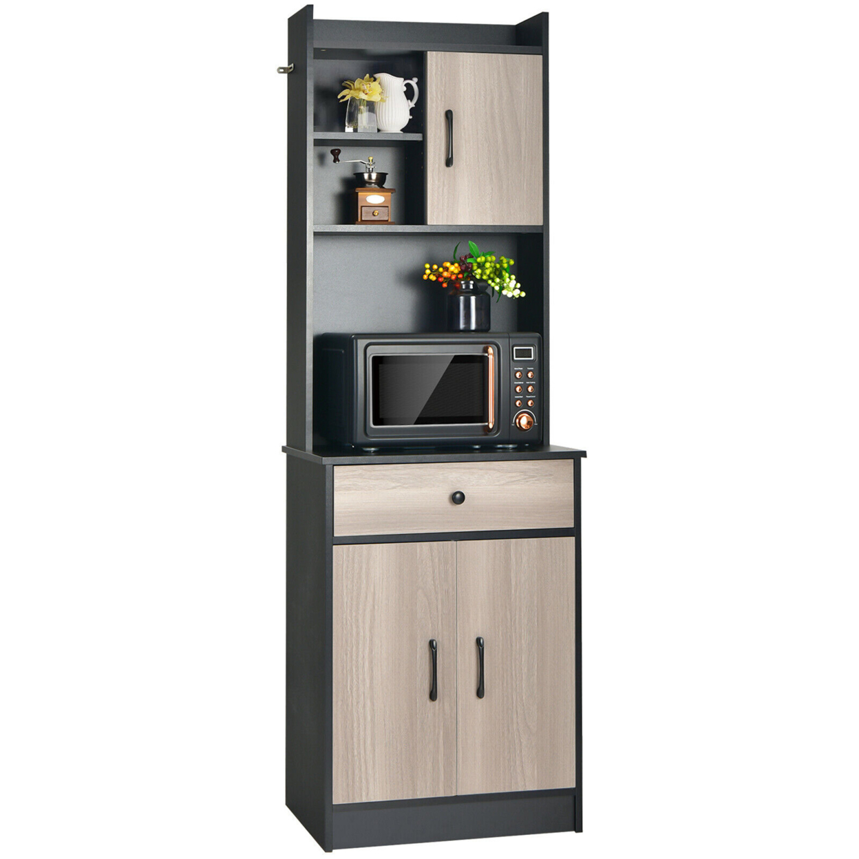 3-Door 71'' Kitchen Buffet Pantry Storage Cabinet W/Hutch Adjustable Shelf - Black