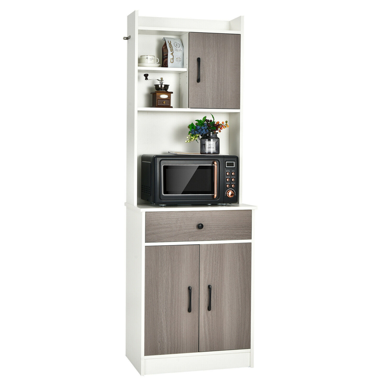 3-Door 71'' Kitchen Buffet Pantry Storage Cabinet W/Hutch Adjustable Shelf - White