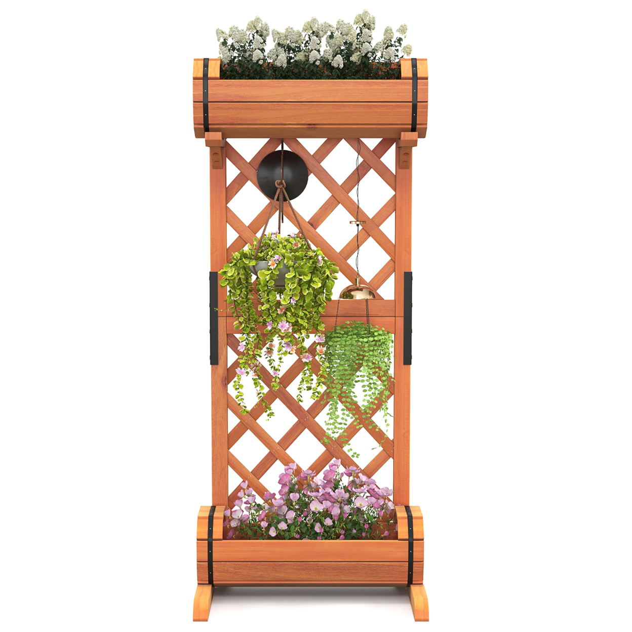 2-Tier Raised Planter Garden Wooden Bed W/ 2 Cylindrical Planter Boxes