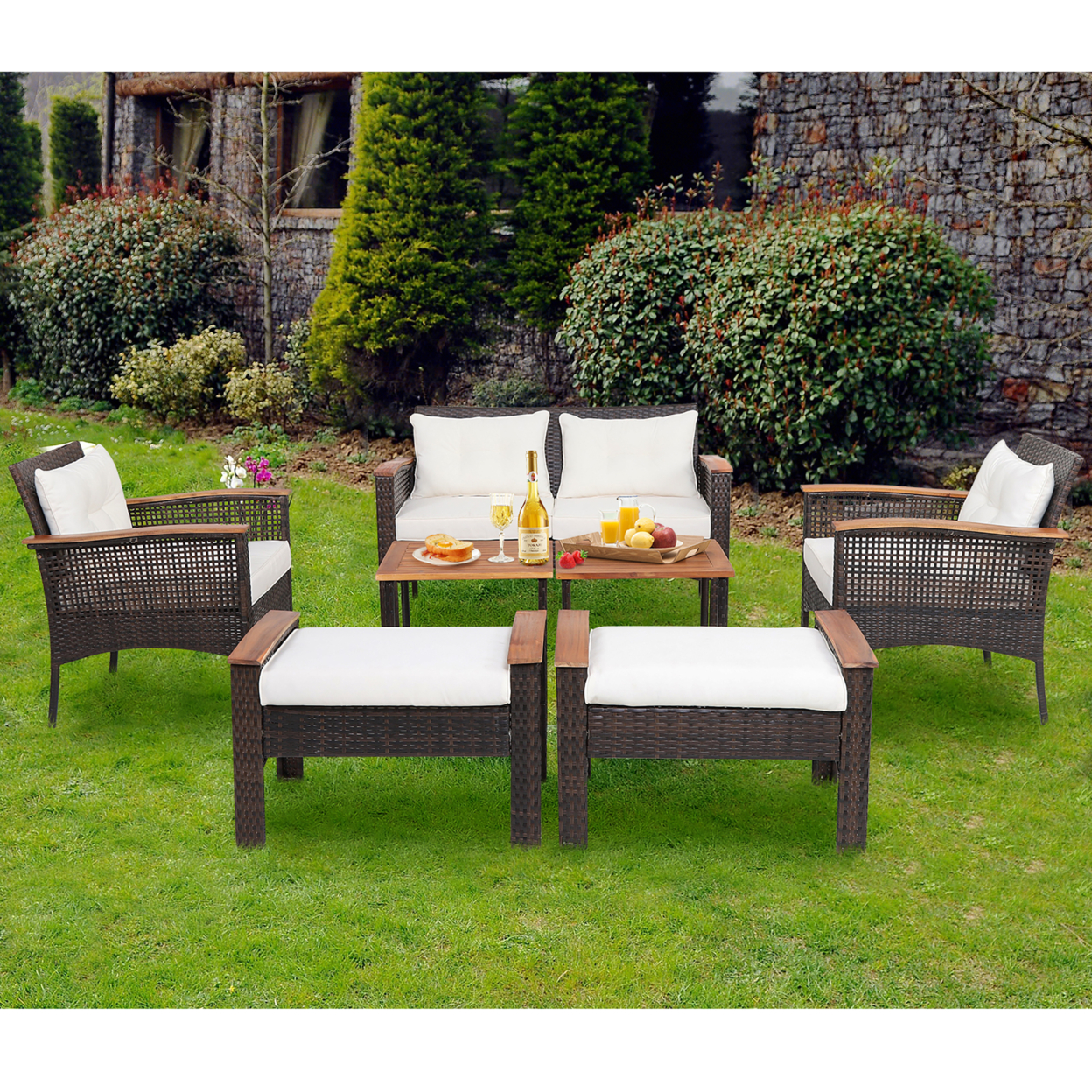 7PCS Patio Rattan Sofa Set Outdoor Wicker Conversation Set W/ Coffee Tables