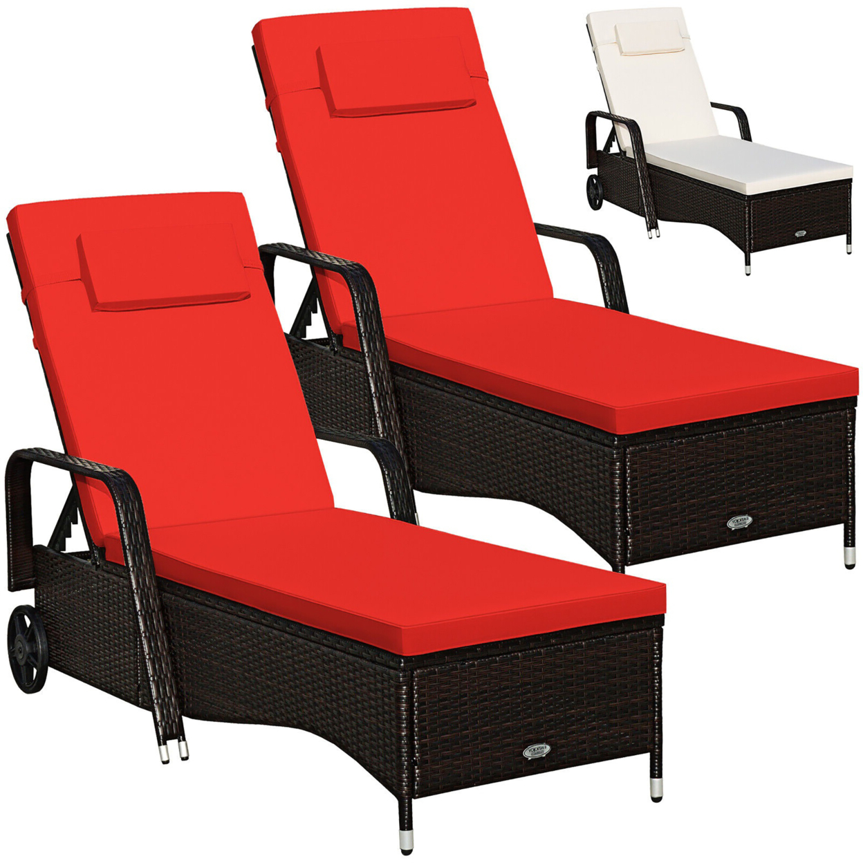 2PCS Cushioned Outdoor Wicker Lounge Chair W/ Wheel Adjustable Backrest Red & Off White