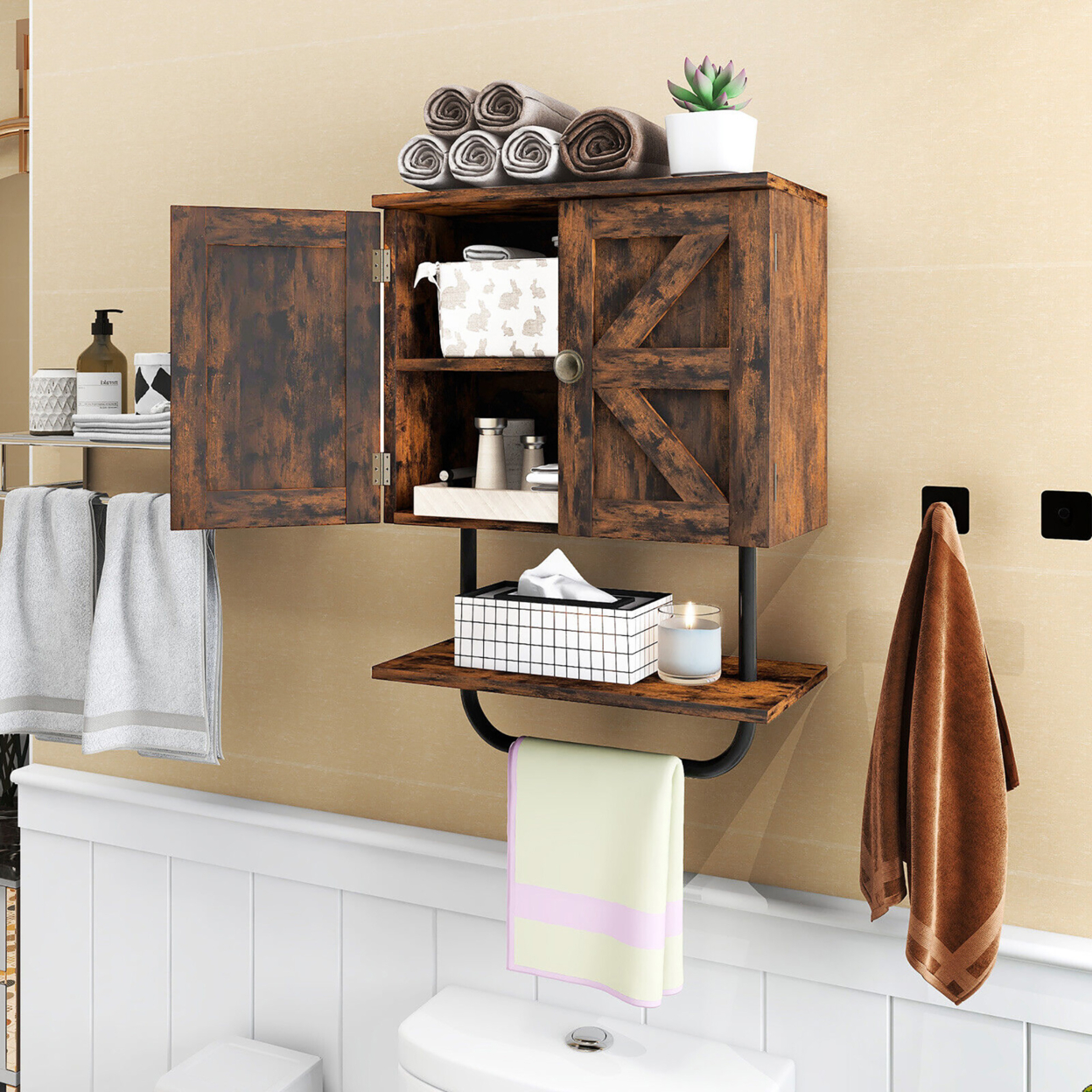Bathroom Wall Cabinet Medicine Storage Cabinet W/ Open Shelf & Towel Bar - Rustic Brown