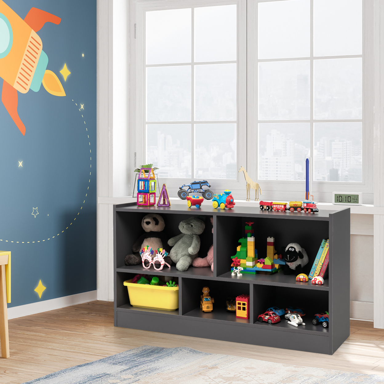 Kids 5-Cube Storage Cabinet 2-Shelf Wood Bookcase Organizer Grey